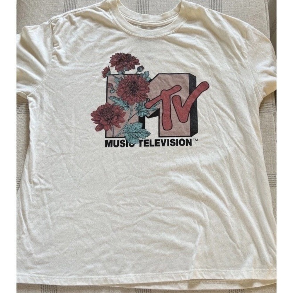 MTV T-Shirt Women XL Beige Like New Floral Graphic Music Television Logo Tee